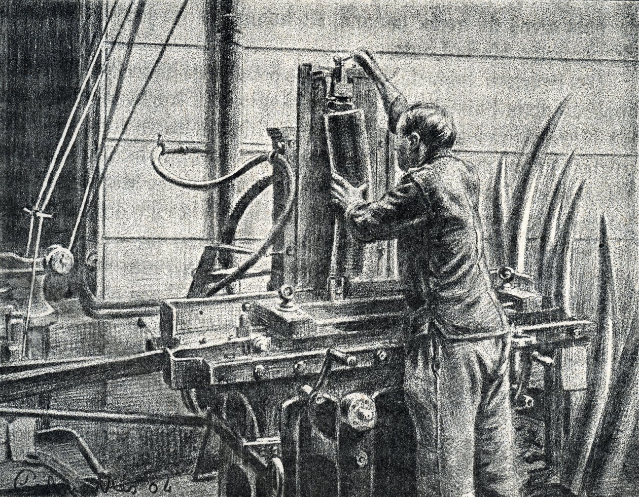 Elfenbenshantverkare som skär elefantbetar Gravyr från "Excursion a travers les metiers" av Pierre Calmette Private Collection av Pierre Calmettes