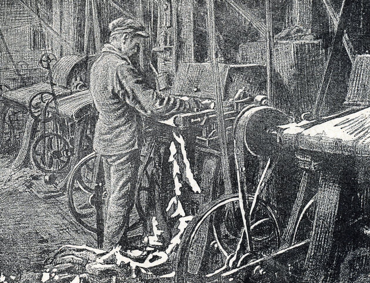 Läderindustri: mekanisk klippning av pälsar Gravyr från "Excursion a travers les metiers" av Pierre Calmette Privat samling av Pierre Calmettes