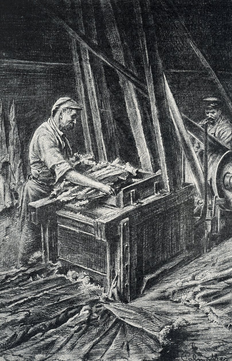 Peausserie, le corroyage: läderarbete, uppmjukning av djurskinn i en fylligare Gravyr från Pierre Calmette Collection privee av Pierre Calmettes