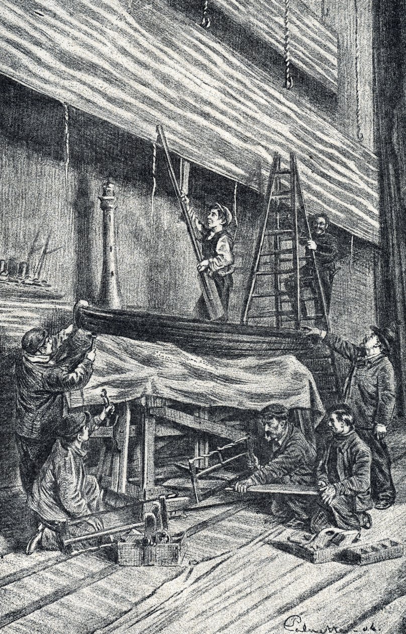 Fastighetsmästare: sätta upp scenografier före föreställningen Gravyr från "Excursion a travers les metiers" av Pierre Calmette Private Collection av Pierre Calmettes