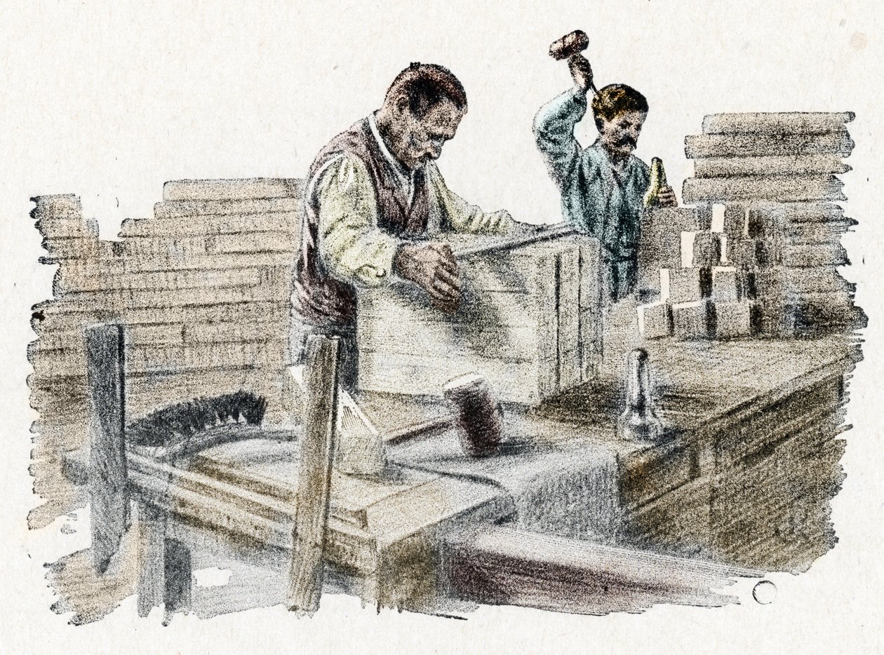 Savonnerie: skärning av tvålbröd (tillverkning av tvål) Gravyr från "Excursion through the trades" av Pierre Calmette Privat samling av Pierre Calmettes
