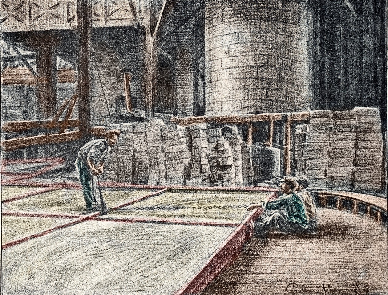 Savonnerie: le decoupage du soap dans les mises (manufacture of soaps) Engraving from “Excursion a travers les metiers” by Pierre Calmette Private Collection av Pierre Calmettes