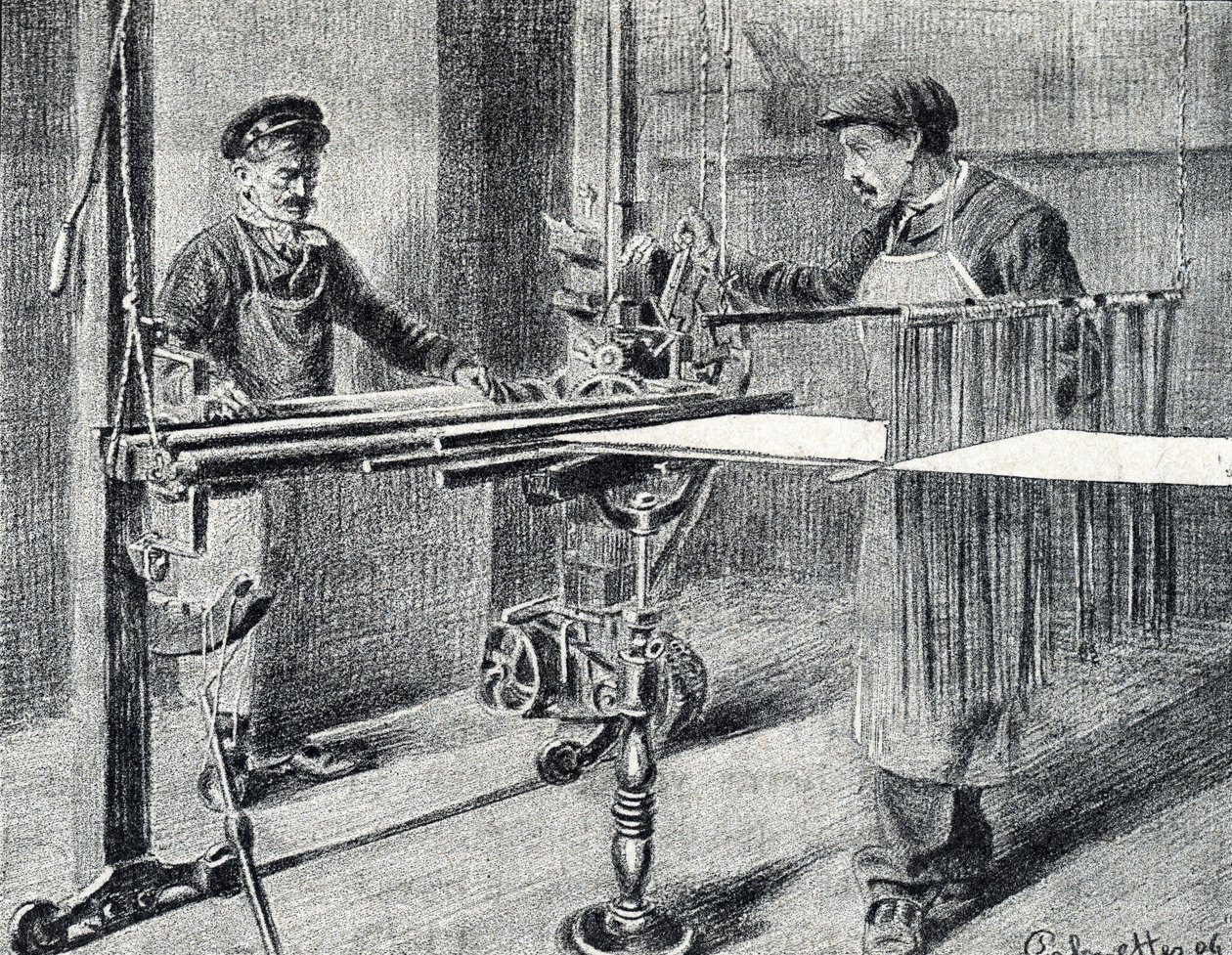 Sidenverkstad: förberedelse av kedjan vid mappen (Sidenarbete) Gravyr från "Excursion through the metiers" av Pierre Calmette Private Collection av Pierre Calmettes