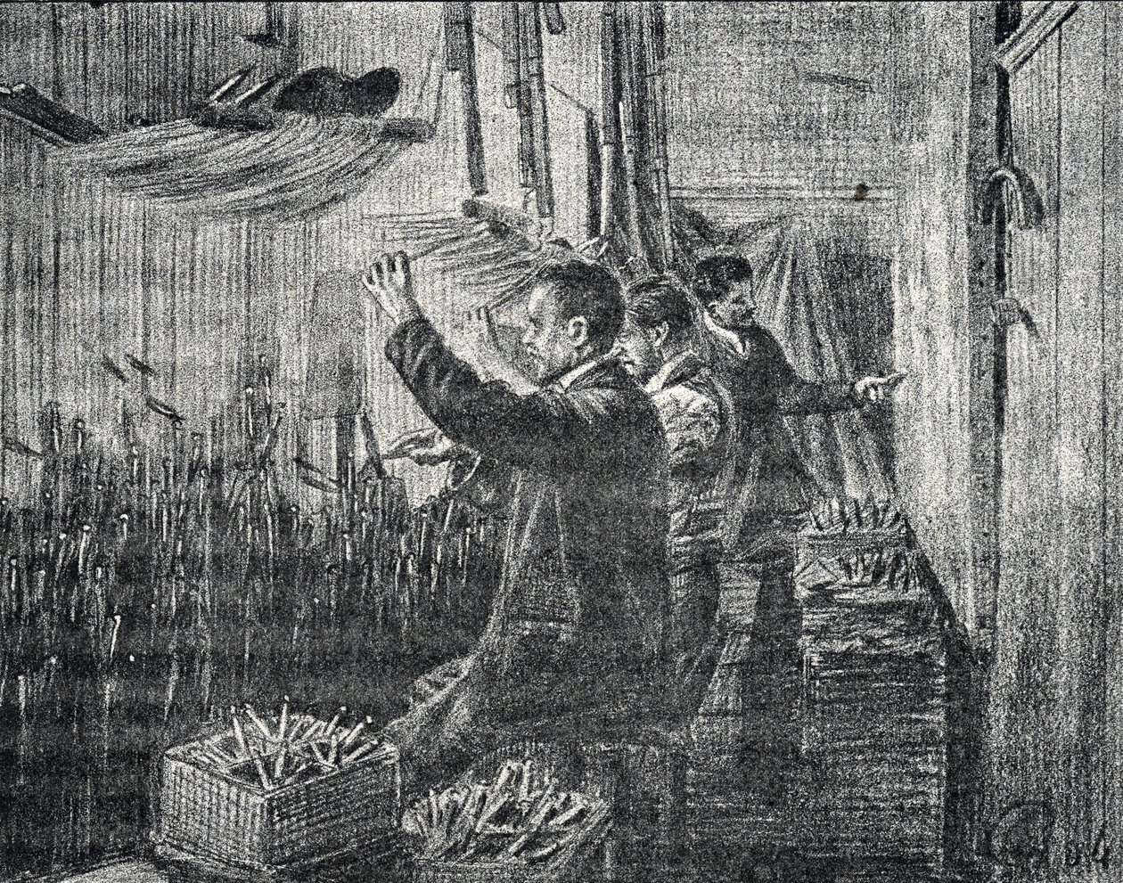 Gobeläng av Aubusson: tapetserarna arbetar upp och ner Gravyr från "Excursion a travers les metiers" av Pierre Calmette Collection privee av Pierre Calmettes