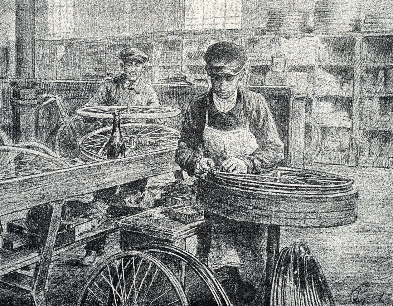 Arbetare som fäster ekrarna på fälgarna på en cykel under dess tillverkning (tillverkning av cyklar) Gravyr från Pierre Calmettes privata samling av Pierre Calmettes