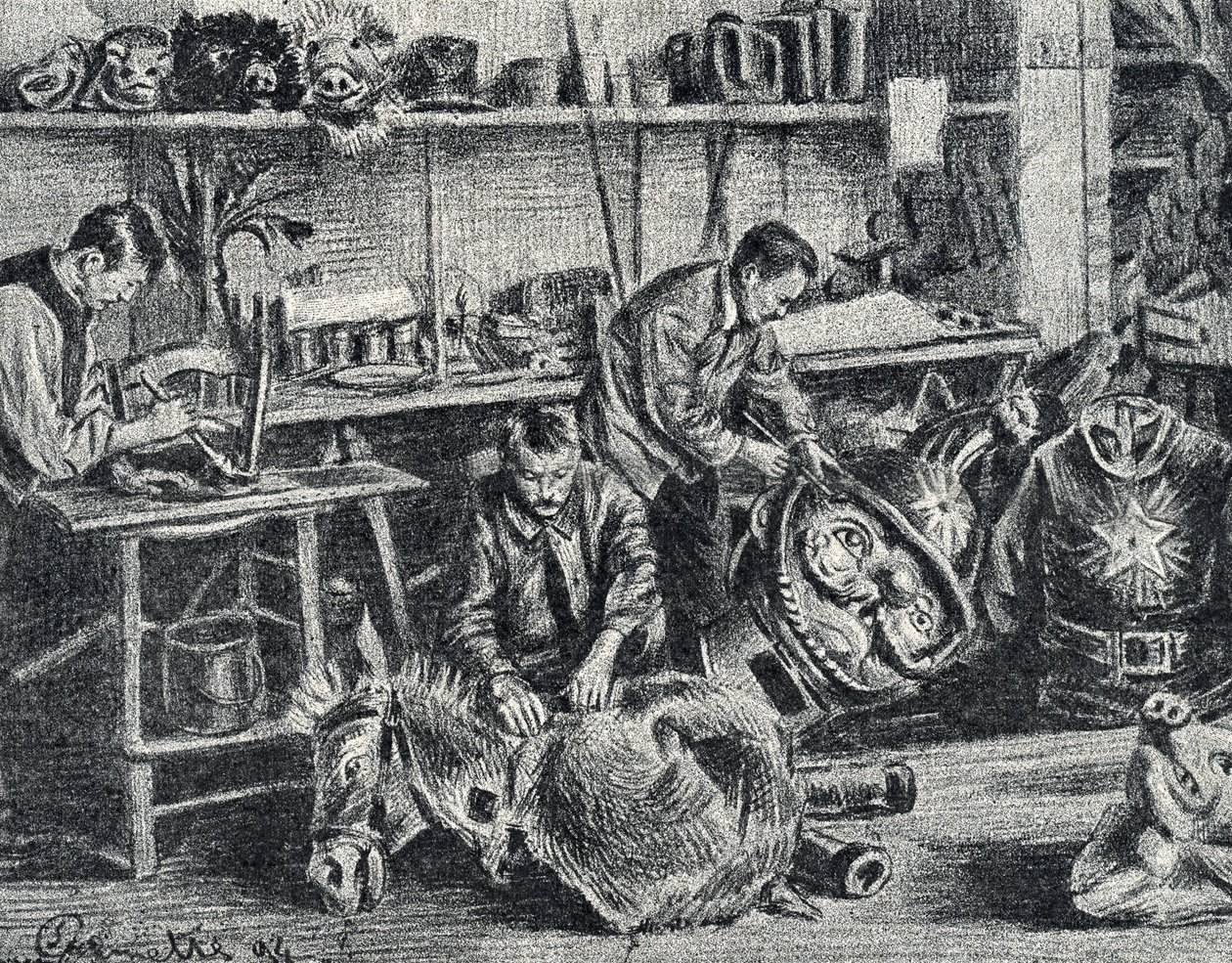 Workshop av teater och visar tillbehör produktion Gravering från Pierre Calmette Private Collection av Pierre Calmettes