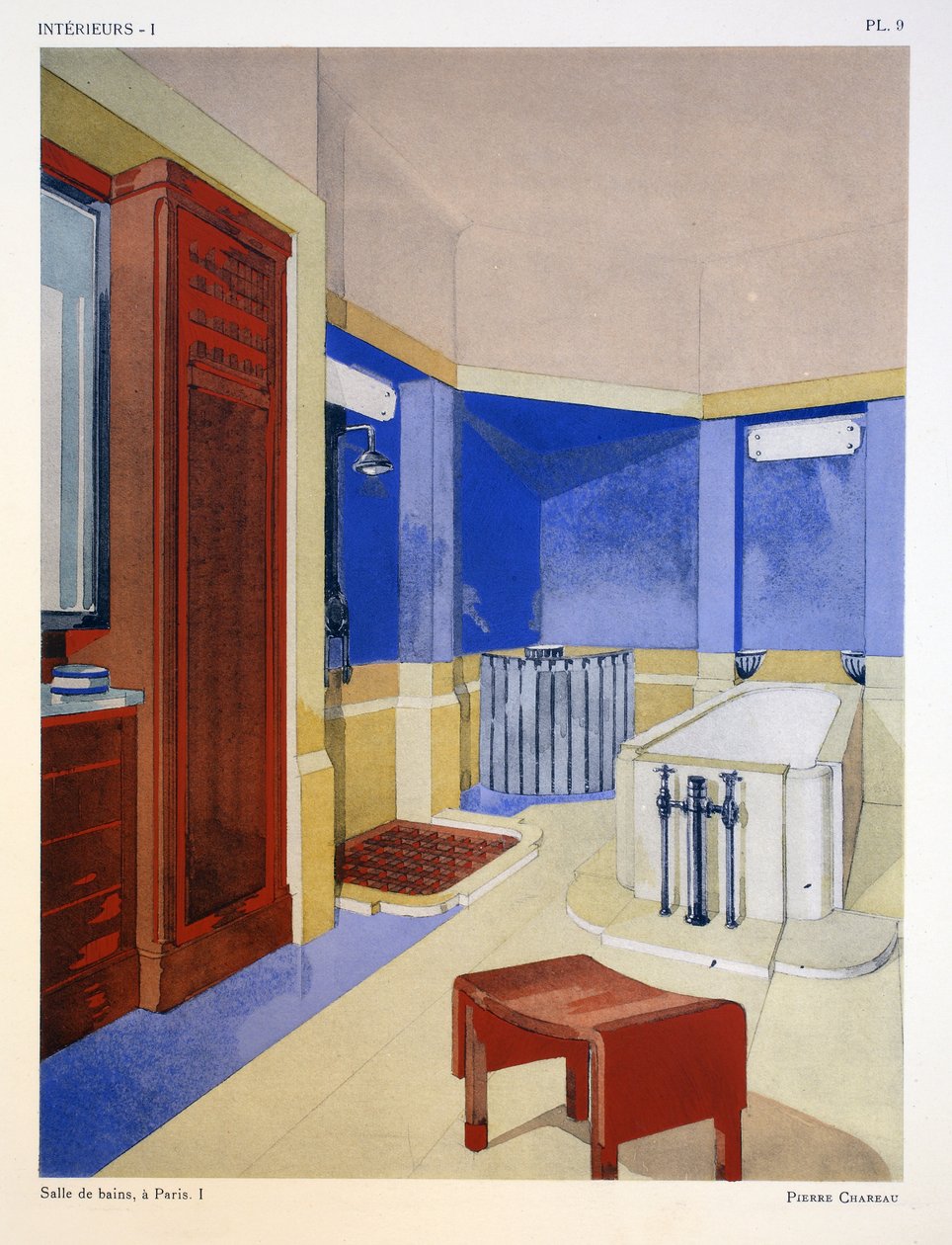 Badrum I, i Paris, illustration från "Interieurs" av Leon Moussinac, pub. Albert Levy av Pierre Chareau