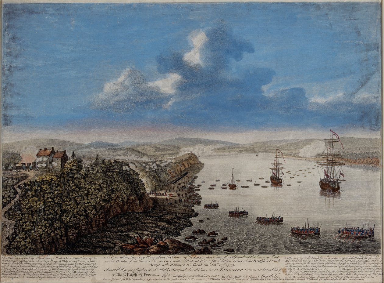 En vy av landningsplatsen ovanför staden Quebec som beskriver attacken...på Hauteurs DE Abraham 13 september 1759, ca 1760 av Pierre Charles Canot