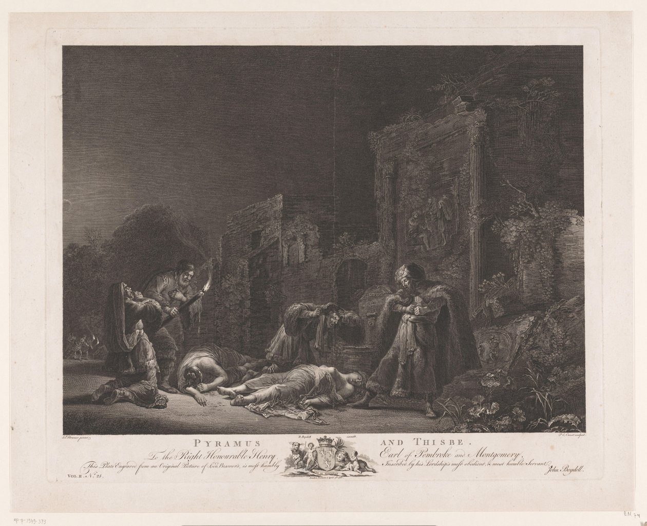 Pyramus och Thisbea Pyramus och Thisbe (titel på objekt) Huvudmålningar i England (serietitel) The Most Capital Paintings in England (serietitel) av Pierre Charles Canot