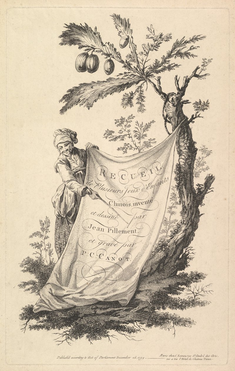 Titelsida: en leende man håller i ett hörn av ett tyg som är knutet till ett fikonträd och pekar med ett s..., 1759. av Pierre Charles Canot