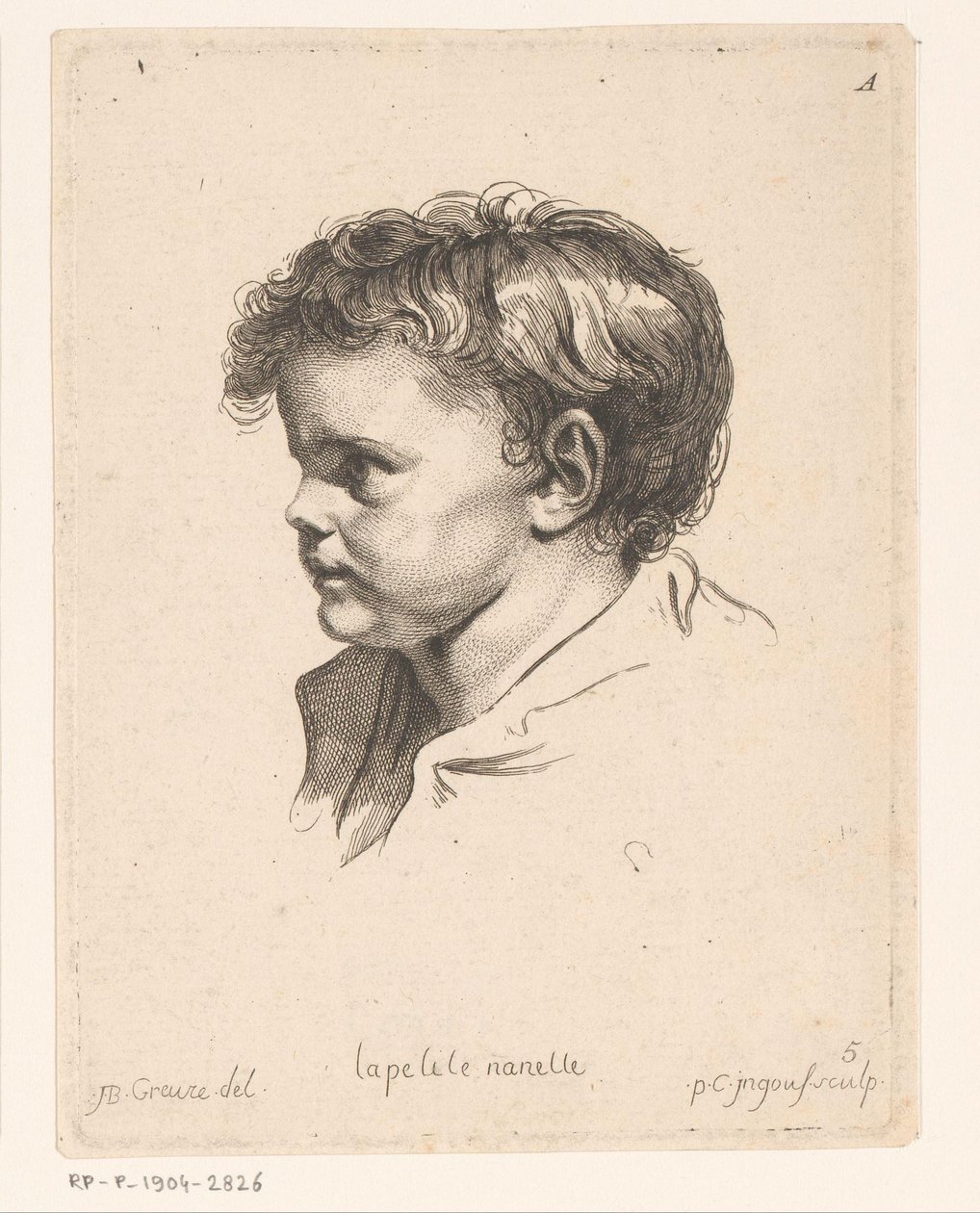 Huvudet av ett litet barn, vänt till vänster La petite Nanette (titel på objekt) Huvuden för olika figurer (serietitel) ir. Cahier de Têtes de différens Caracteres (serietitel) av Pierre Charles Ingouf