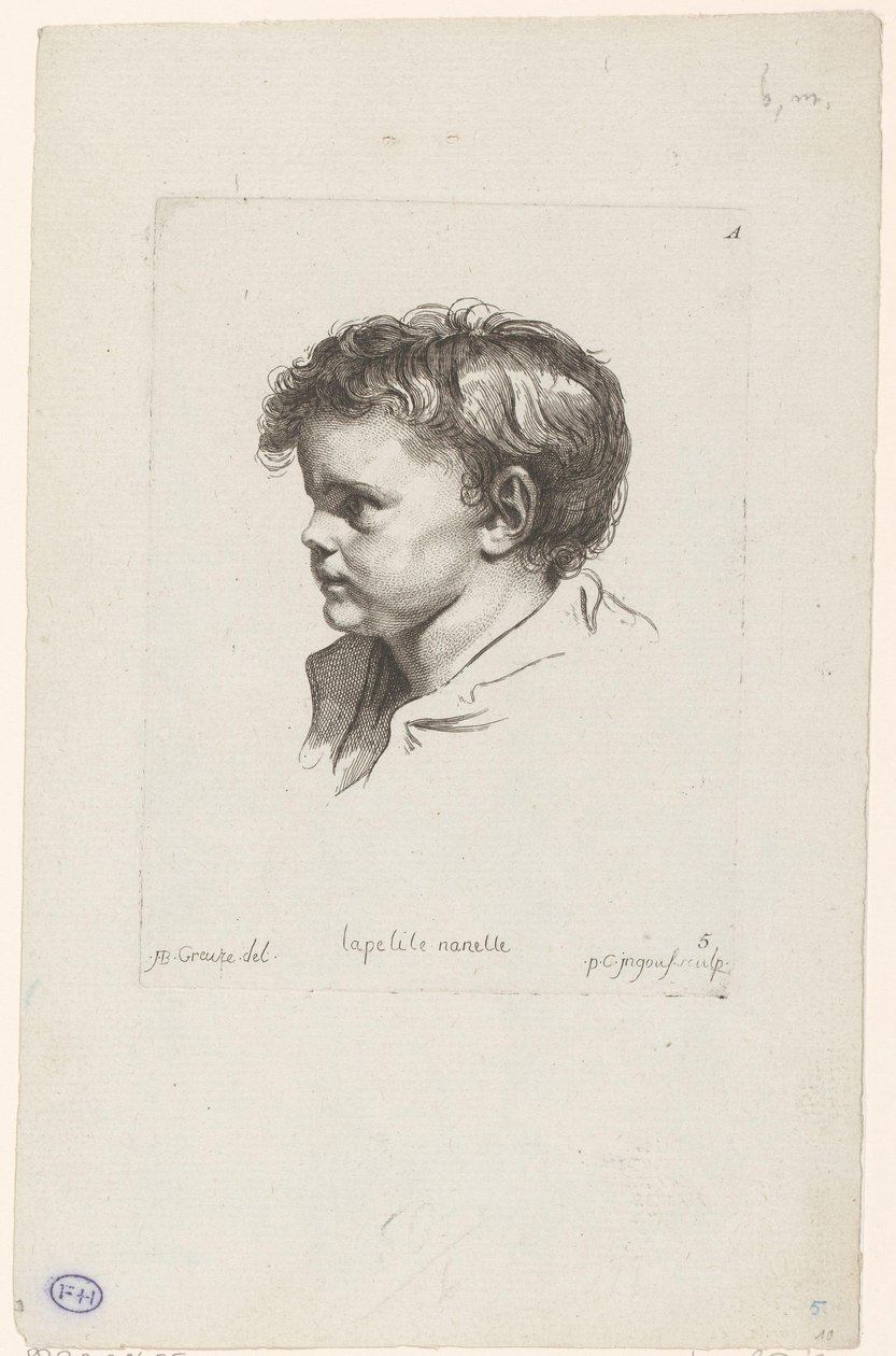 Huvudet av ett litet barn, vänt till vänster La petite Nanette (titel på objekt) Huvuden för olika figurer (serietitel) ir. Cahier de Têtes de différens Caracteres (serietitel) av Pierre Charles Ingouf