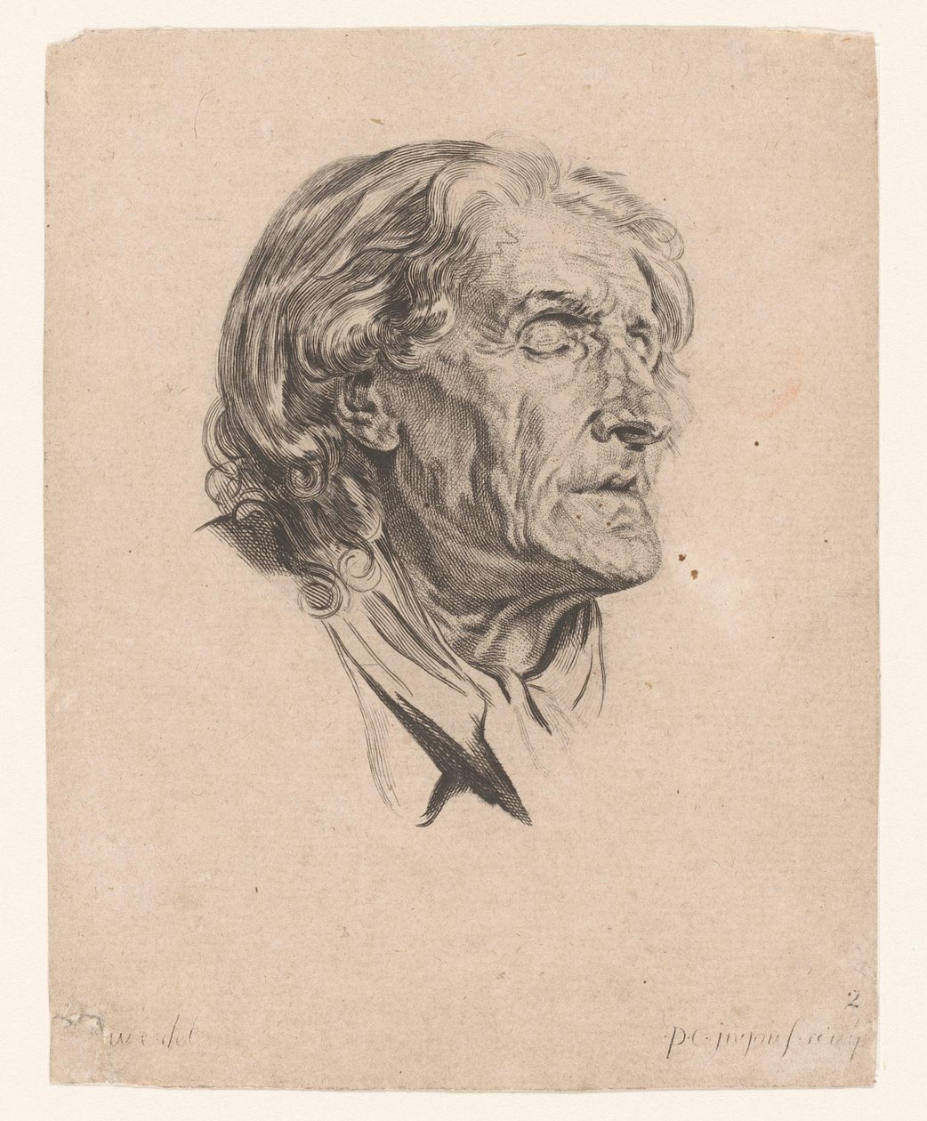 Huvudet på en gammal man med slutna ögon, vänt åt höger Huvuden för olika figurer (serietitel) ir. Cahier de Têtes de différens Caracteres (serietitel) av Pierre Charles Ingouf