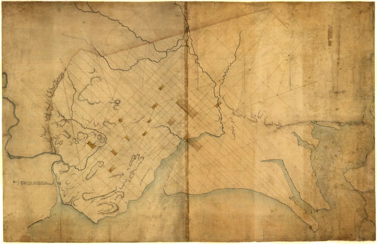 Karta med streckade linjer över Washington, D.C., 1791, före 19 augusti. LOC 88694203 av Pierre Charles L