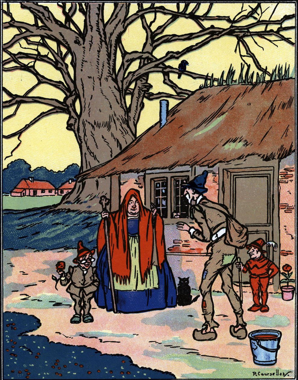 Flygningen av Picrochole som möter en gammal häxa Illustration av Pierre Couselles (död 1938) från "Gargantua" av Francois Rabelais av Pierre Courselles