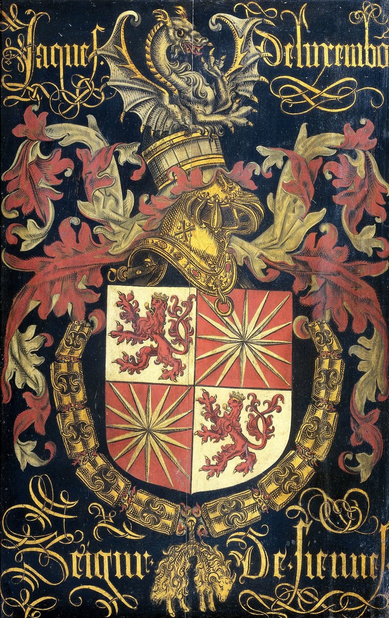 Sköld av Jakob av Luxemburg (efter 1441-88), Lord of Fiennes, i hans egenskap av riddare av Orden av det gyllene skinnet av Pierre Coustain (attributed to)