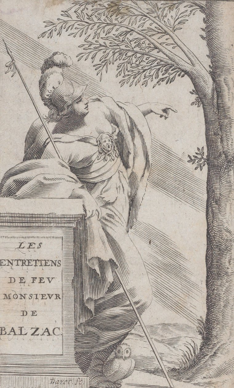 Frontispice, från Intervjuer med den sene herr Balzac Les Entretiens de Feu Monsieur d..., 1660. av Pierre Daret
