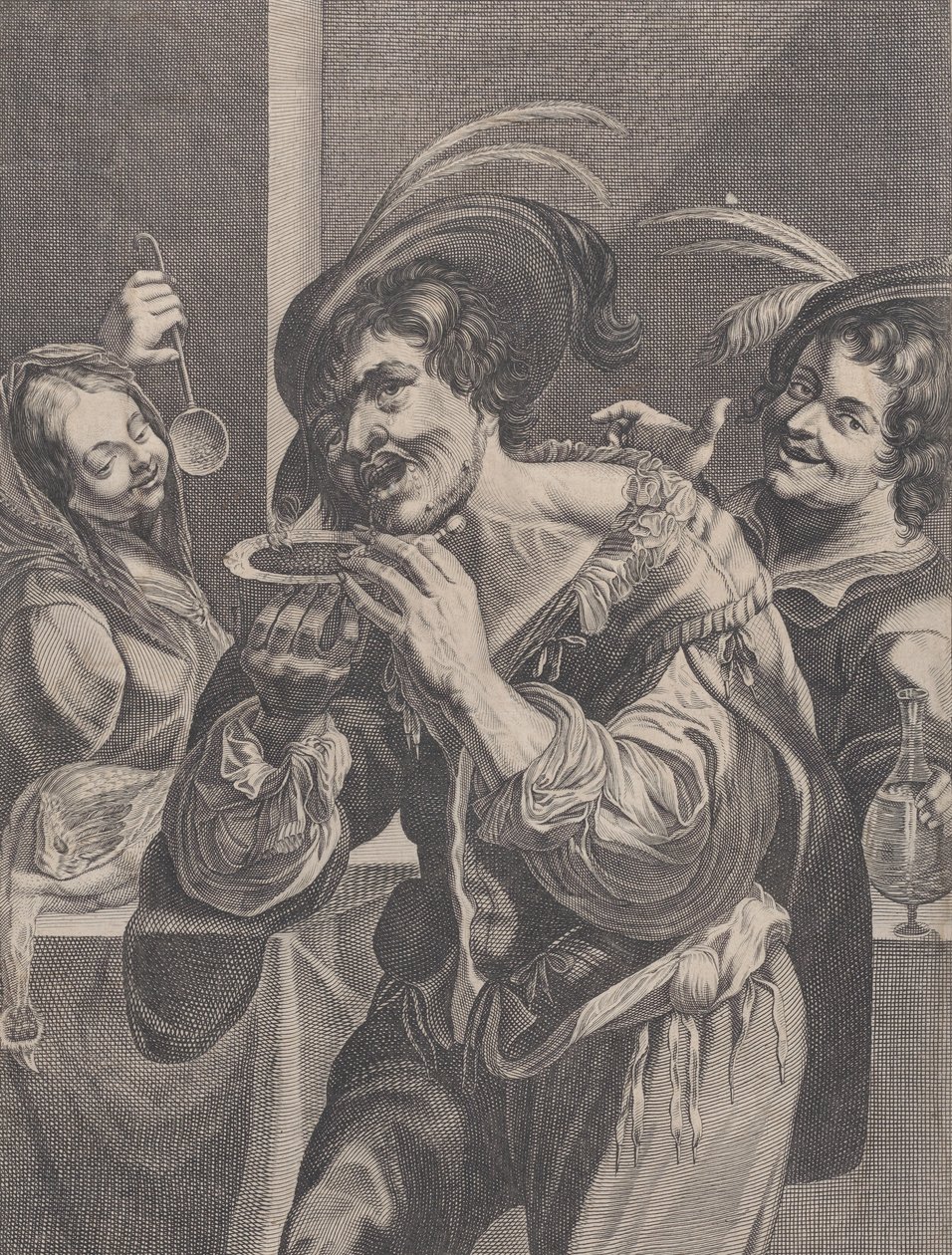 Man dricker soppa medan två personer tittar på honom, 1624-75. av Pierre Daret