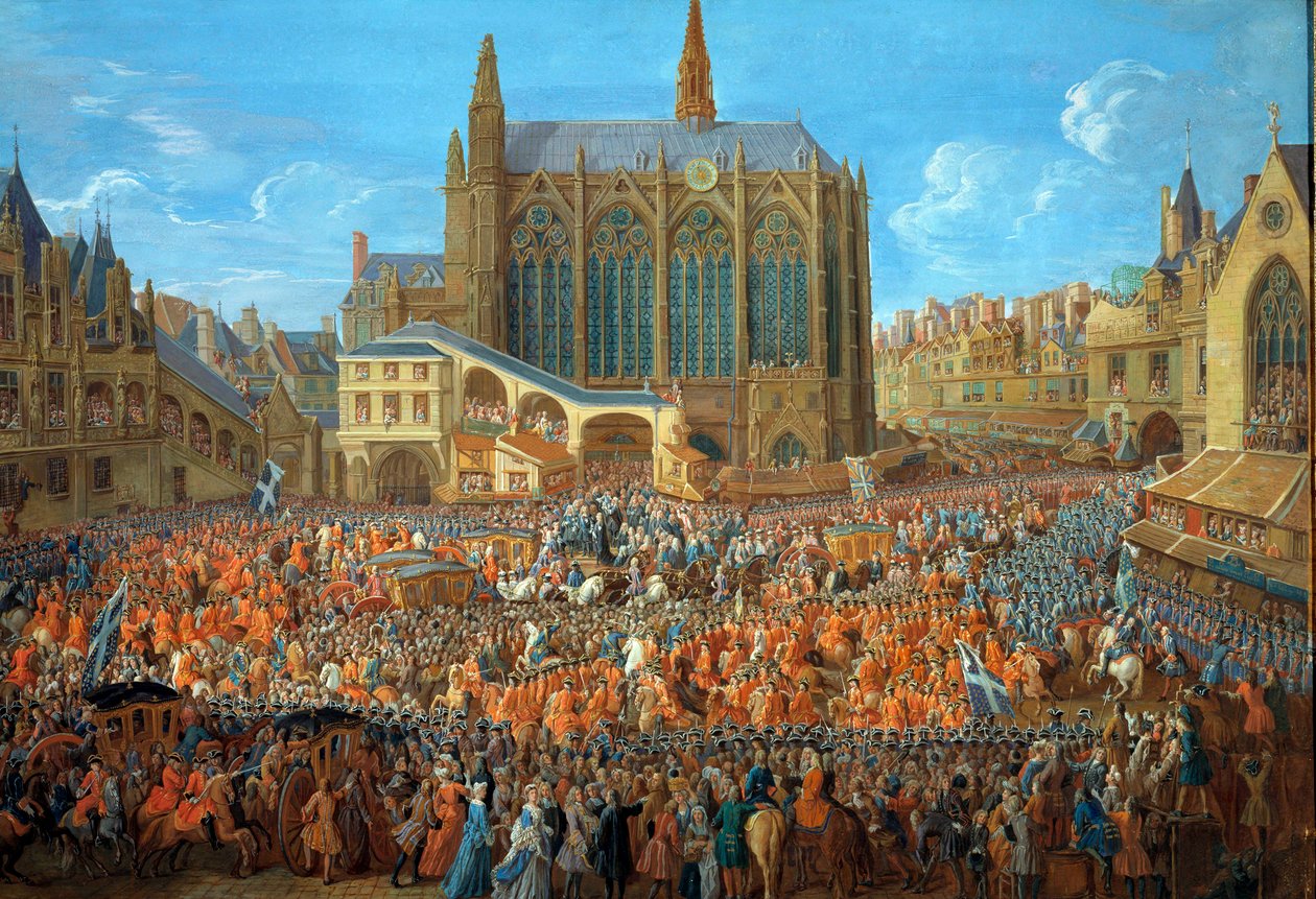 Kung Ludvig XV (1710-1774) lämnar rättsbädden som hölls i Palais de Justice i Paris den 12/09/1715 La Sainte Chapelle est visible - Målning a la gouache av Pierre Denis Martin (1663-1742) 1715 - Paris, musee Carnavalet - Ludvig XV:s avgång ( av Pierre Denis Martin
