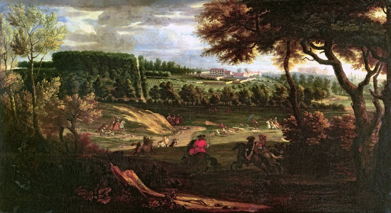 Ludvig XIV (1638-1715) Jagar vid Marly med utsikt över Chateau Vieux de Saint Germain av Pierre Denis Martin