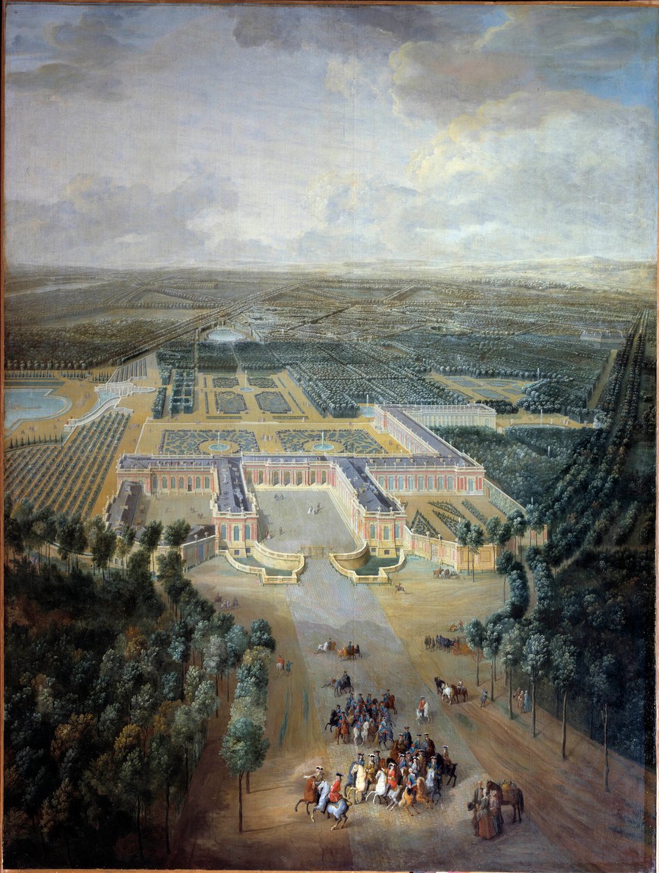 Perspektivvy av slottet och trädgårdarna i Trianon: kung Ludvig XV:s strandpromenad till häst. Målning av Pierre Denis Martin (1663-1742). 1700-talet. Dämpa. 2,96 x 2,23 m. Versailles, musee du Chateau - Perspektivvy av slottet och trädgårdarna i Tria av Pierre Denis Martin