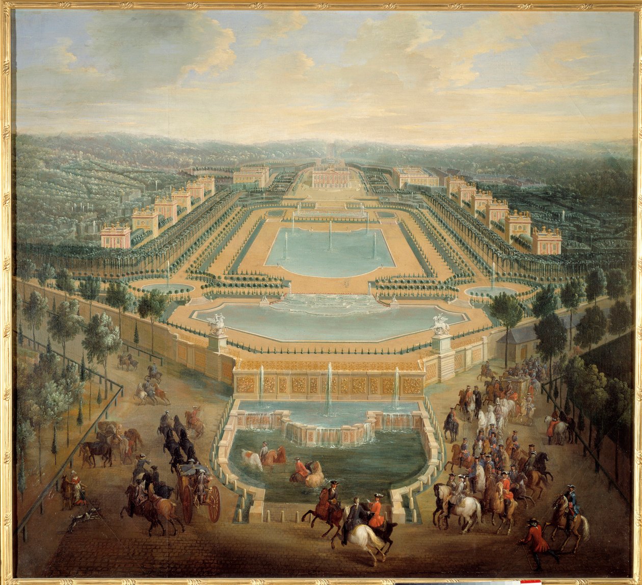 Perspektivvy av slottet Marly, kung Ludvig XV (1710-1774) i vagn lämnar slottet Målning av Pierre Denis Martin (1663-1742) 1700-talets sön. 1,37 x 1,55 m - Perspektivvy av slottet Marly, kung Ludvig XV (1710-1774) lämnar byggnaden av Pierre Denis Martin