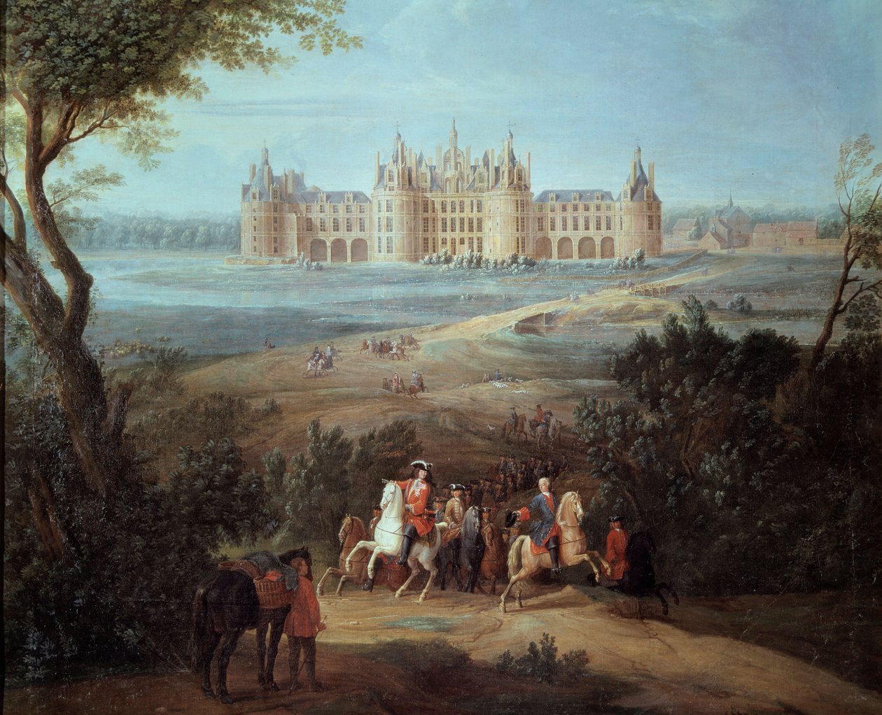 Utsikt över Chateau de Chambord, regenten Philippe II hertig av Orleans (1674-1723) ger order om jakt Målning av Pierre Denis Martin (1663-1742) 1722 Sön. 1,3x1,5 m - Utsikt över Chateau de Chambord, regenten Philippe II hertig av Orleans (1674-172) av Pierre Denis Martin