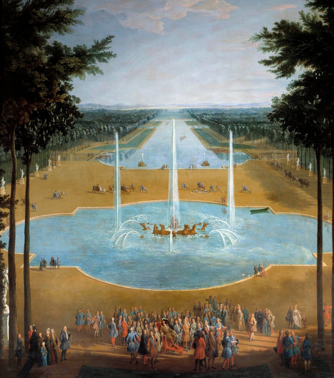 Utsikt över Apollons bassäng och Canal Grande i Versailles 1713, i förgrunden: Kung Ludvig XIV (1638-1715) har strandpromenaden omkring 1713 Detalj av en målning av Pierre Denis Martin (1663-1742) Sön. 2,6x1,3 m av Pierre Denis Martin