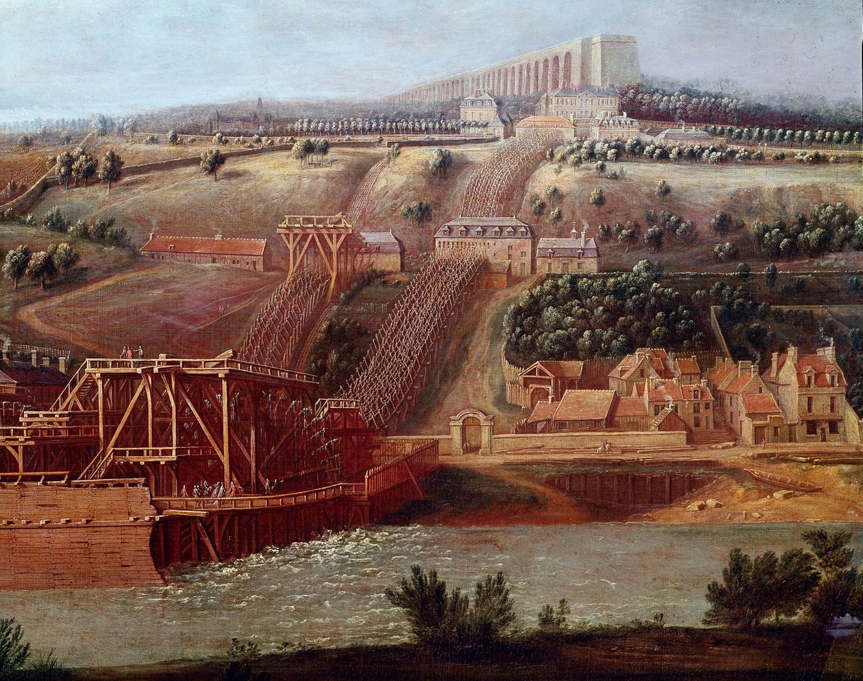 Vy över maskinen av Marlys akvedukt installerad i Bougival Akvedukten i Louveciennes (eller Marly) tillät att förse Versailles till Marlys slott med vatten. Detalj. Målning av Pierre Denis Martin (1663-1742) Sön. 1,15x1,65 m Versailles, musee du av Pierre Denis Martin