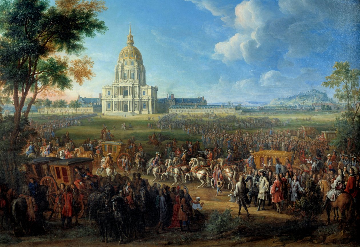 Besök av kung Ludvig XIV i kyrkan Royal Hotel des Invalides som nyligen färdigställdes den 14 juli av Pierre Denis Martin
