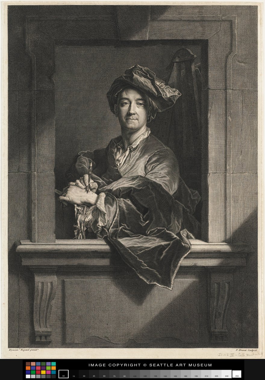 Gravyr av Hyacinthe Rigauds porträtt av sig själv, sent 1600-tal-1700-tal av Pierre Imbert Drevet
