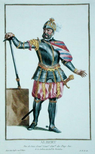 Albert den djärve (1443-1500) hertig av Sachsen från Receuil des Estampes, representerande rangen och digniterna, enligt kostymen för alla existerande nationer, publicerad 1780 (handfärgad gravyr) av Pierre Duflos