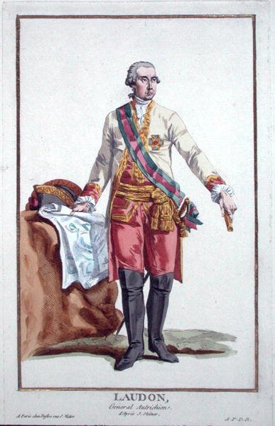 General Laudon (1717-90) från "Receuil des Estampes, Representant les Rangs et les Dignites, suivant le Costume de toutes les Nations existantes", publicerad 1780 (handkolorerad gravyr). av Pierre Duflos