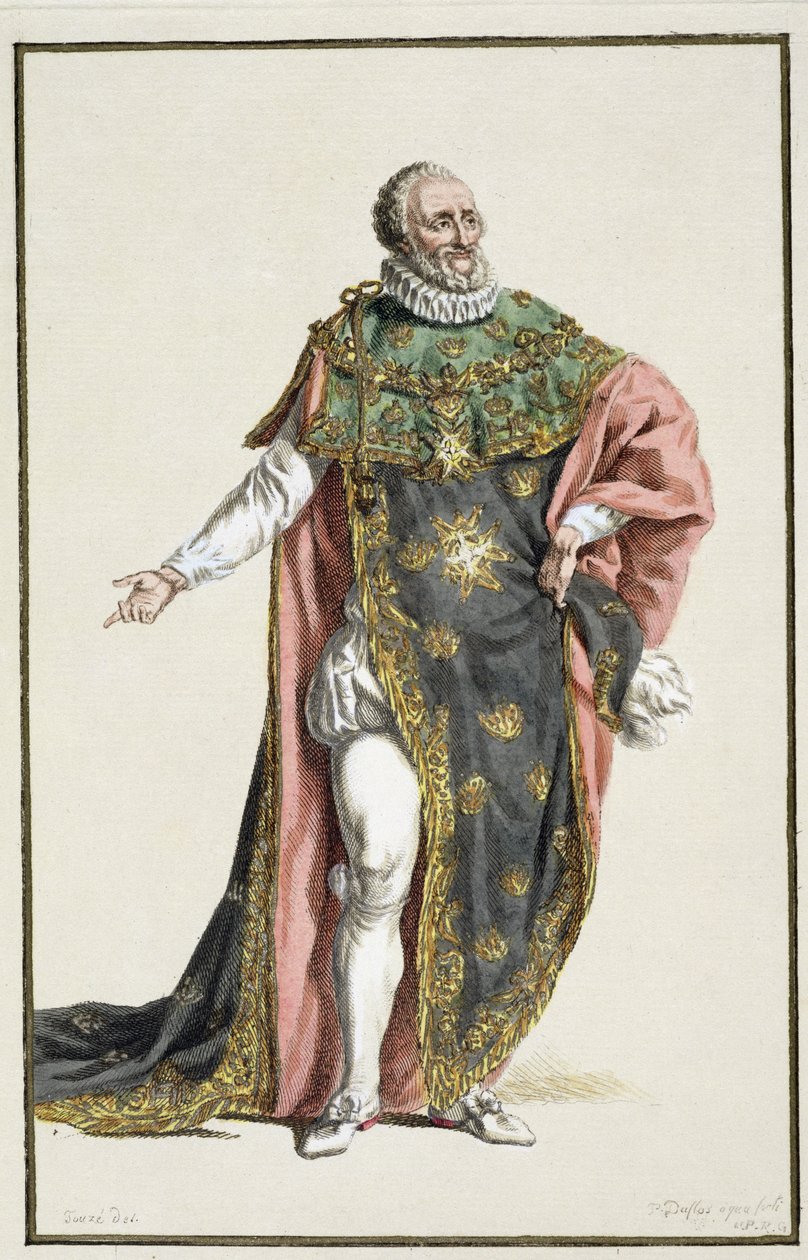 Henri IV (1553-1610) Kung av Frankrike, från Receuil des Estampes, representerande ranger och värdigheter, efter alla existerande nationers dräkt, publicerad 1780 (handfärgad gravyr) av Pierre Duflos