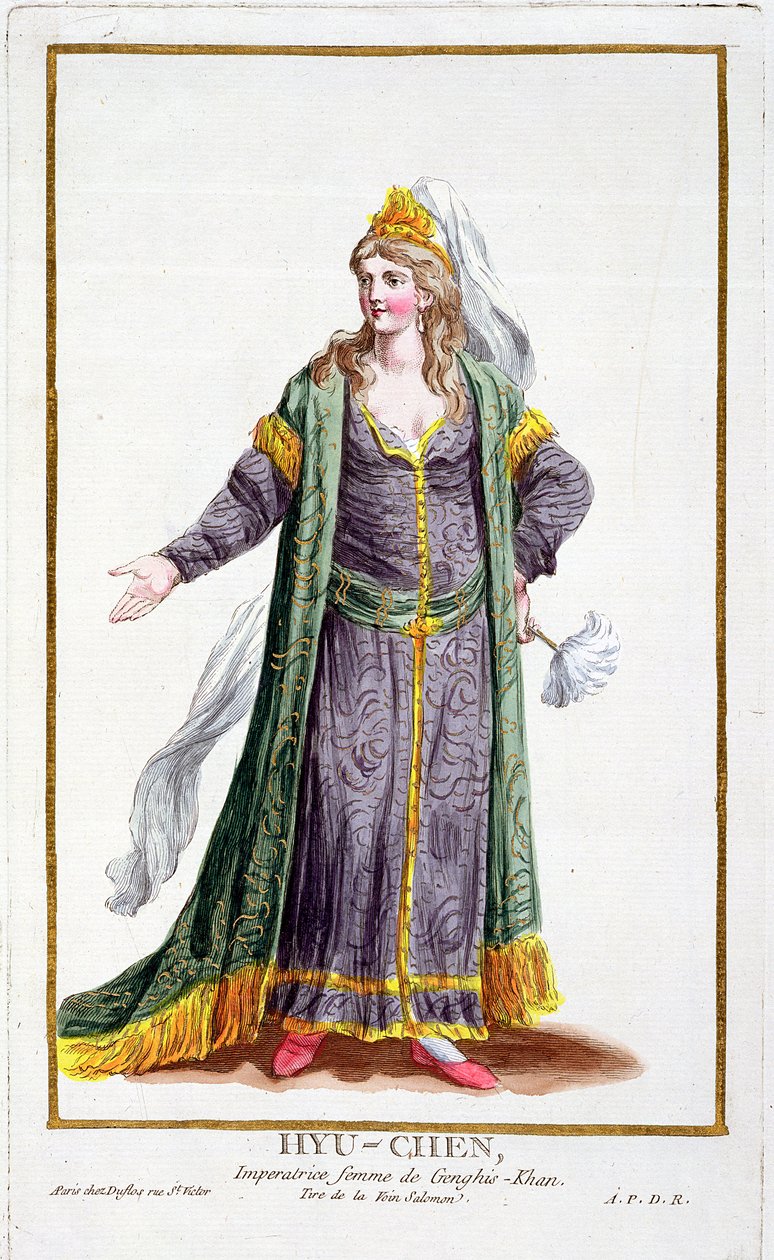 Hyu-Chen, hustru till Djingis Khan, från "Receuil des Estampes, representant les Rangs et les Dignites, suivant le Costume de toutes les Nations existantes", publicerad 1780 (handkolorerad gravyr). av Pierre Duflos