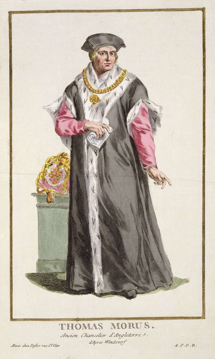 Sir Thomas More (1478-1535) från "Receuil des Estampes, representing the Ranks and the Dignites, enligt alla existerande nationers kostym", publicerad 1780 (handfärgad gravyr) av Pierre Duflos