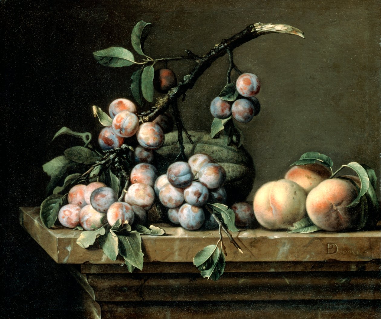 Plommon, melon och persikor, c1630-1680 av Pierre Dupuis