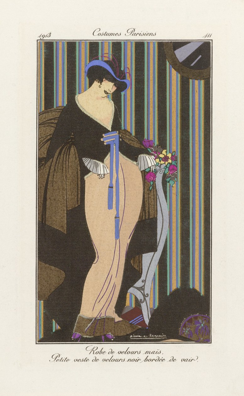 Design för en sammetsklänning, från Costumes Parisien, pub.1913 (pochoirtryck) av Pierre E. Legrain