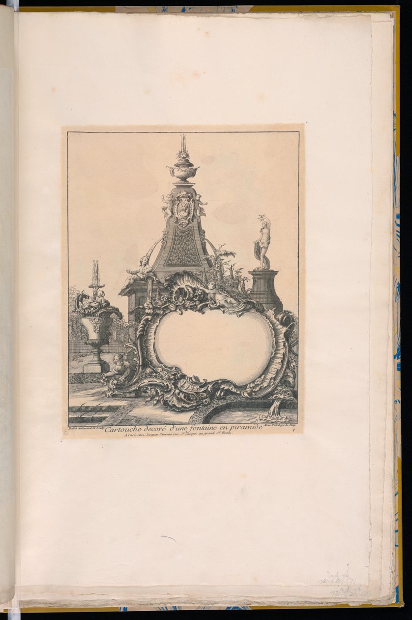 Kartusch med en fontän och en obelisk i bakgrunden av Pierre Edme Babel