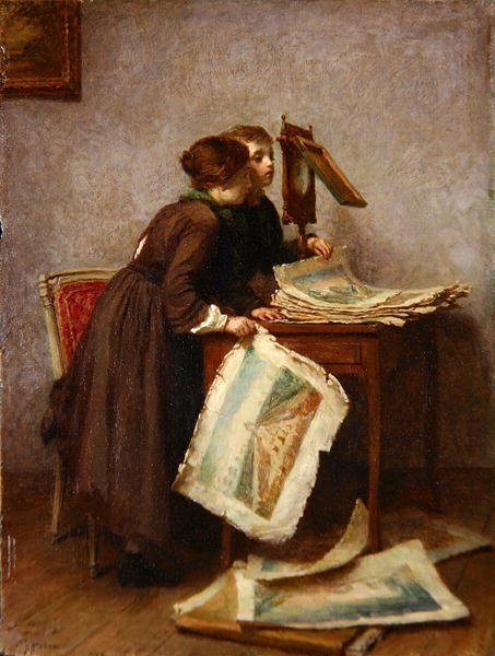 Barn tittar på tryck, ca 1870 (olja på panel) av Pierre Edouard Frere