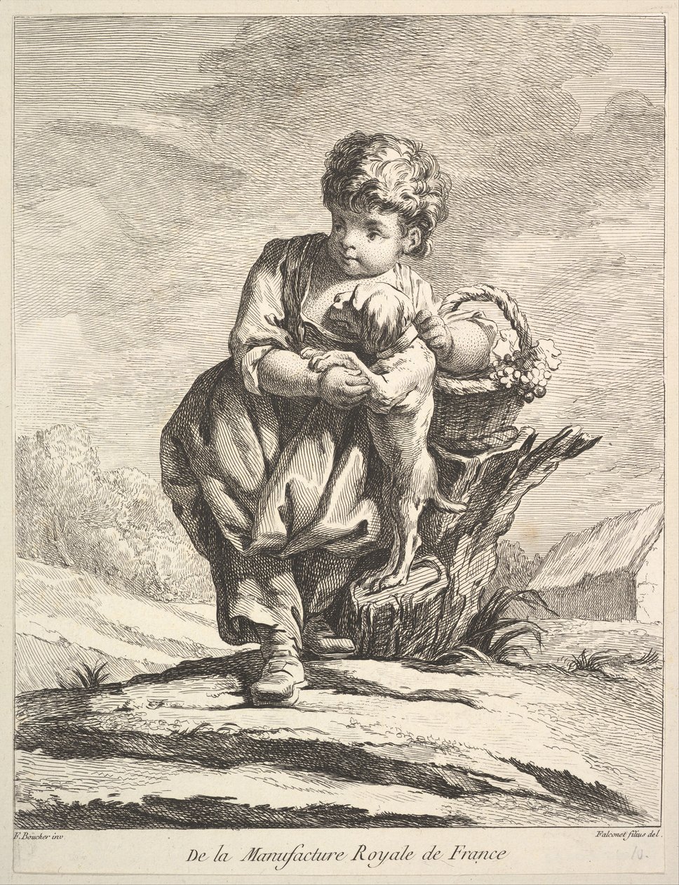 Barn med en hund, som håller i en korg med druvor, från Premier Livre de Figures daprès les po..., 1757. av Pierre Etienne Falconet
