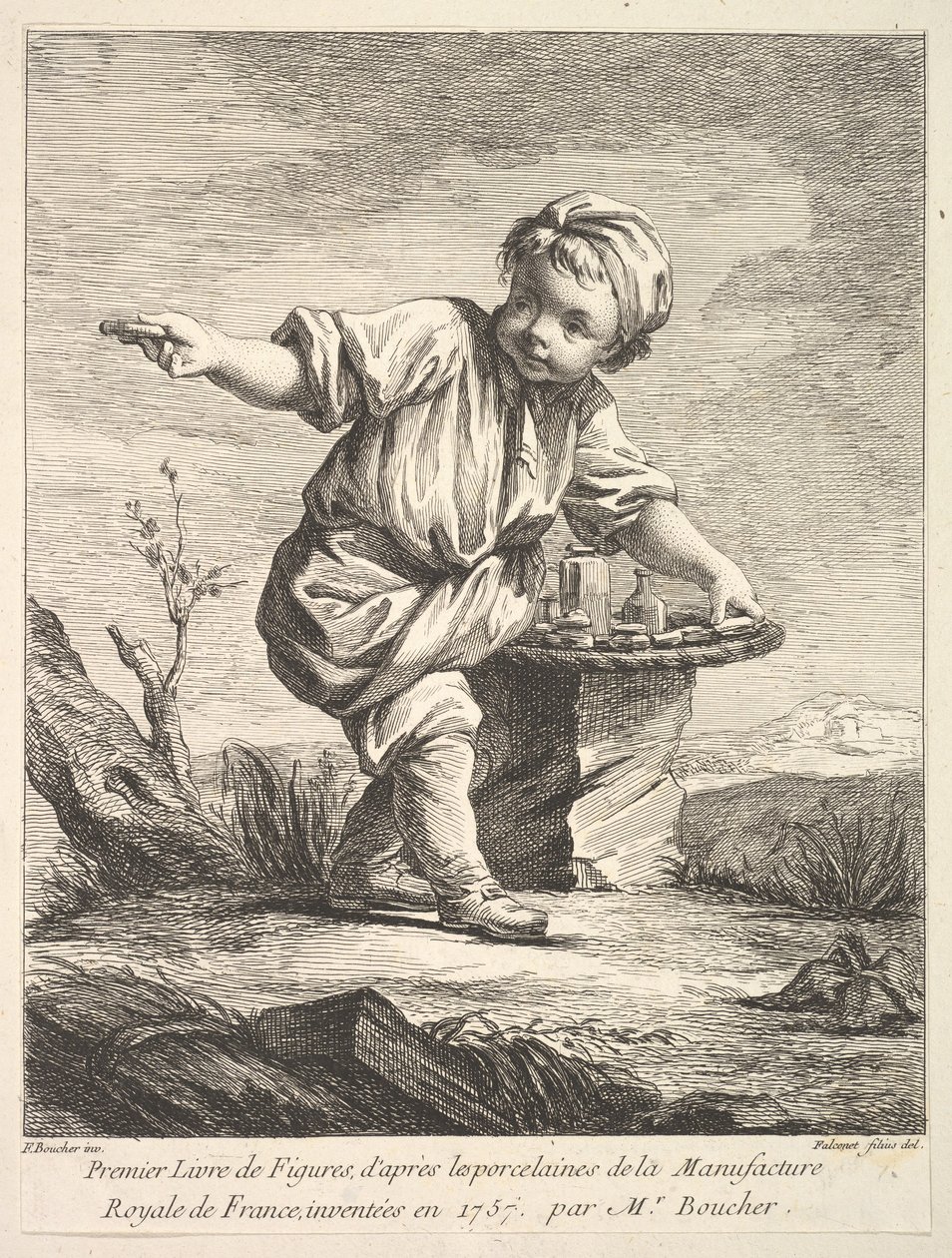 Frontispice med liten pojke som håller i en korg, från Premier Livre de Figures daprès les po..., 1757. av Pierre Etienne Falconet