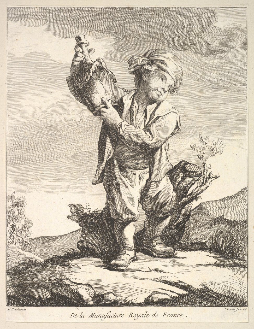 Liten pojke som håller ett kärl, från First Book of Figures efter porslinen från M..., 1757. av Pierre Etienne Falconet