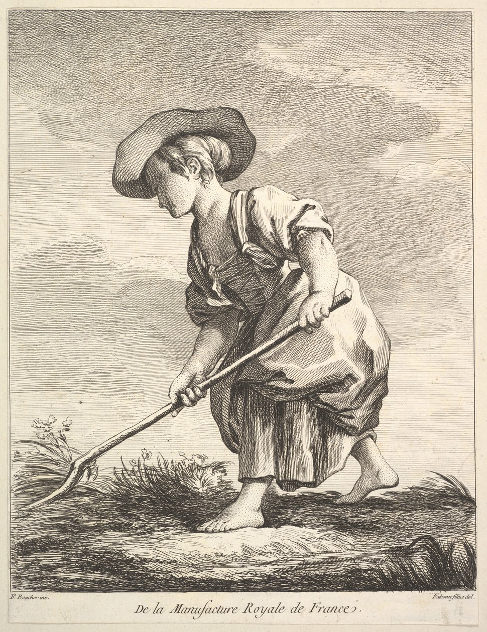 Liten flicka som utför jordbruksarbete, från First Book of Figures efter porslin från M..., 1757. av Pierre Etienne Falconet