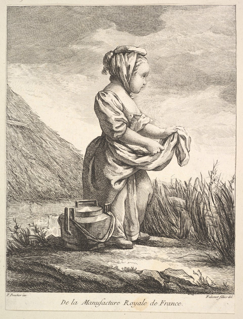 Liten flicka med ett kärl vid fötterna, från Premier Livre de Figures daprès les porcelain..., 1757. av Pierre Etienne Falconet