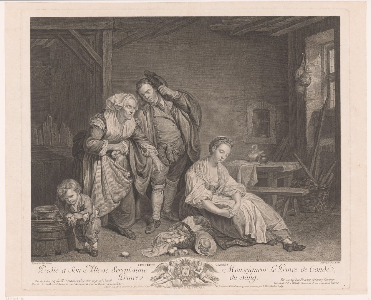Ung kvinna bredvid en korg med trasiga ägg Les oeufs cassés (titel på objekt) av Pierre Etienne Moitte