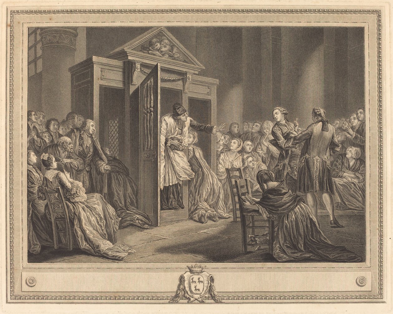 Le confessional av Pierre Etienne Moitte after Pierre Antoine Baudouin