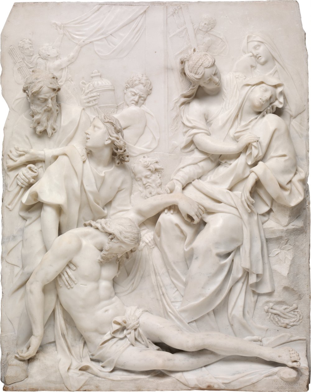 Jungfru Maria svimmar över Kristi döda kropp vid korsets fot, 1710. av Pierre Etienne Monnot