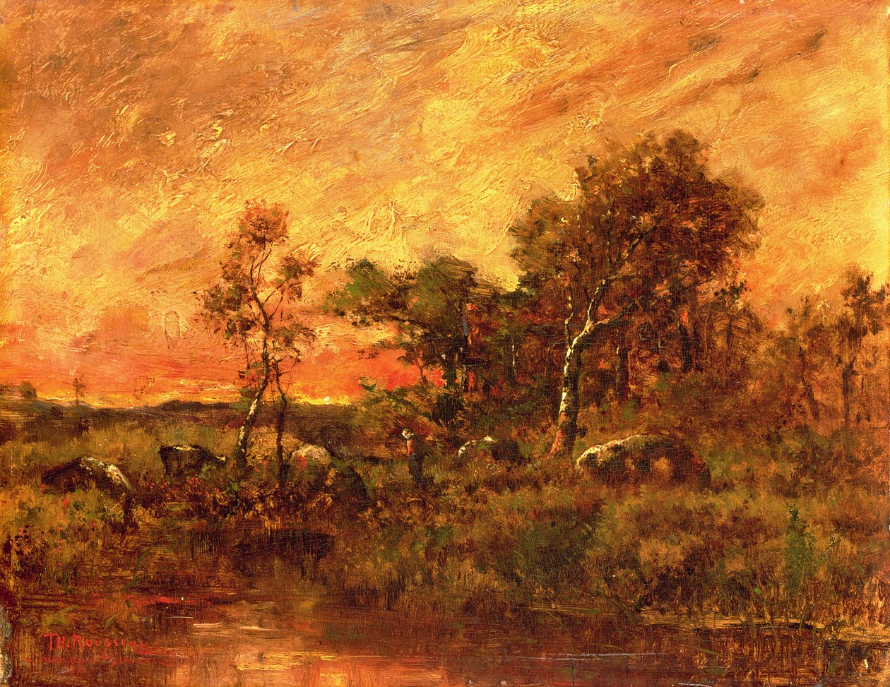 Skogbevuxen landskap med en kvistsamlare, 1800-talet av Pierre Etienne Theodore Rousseau