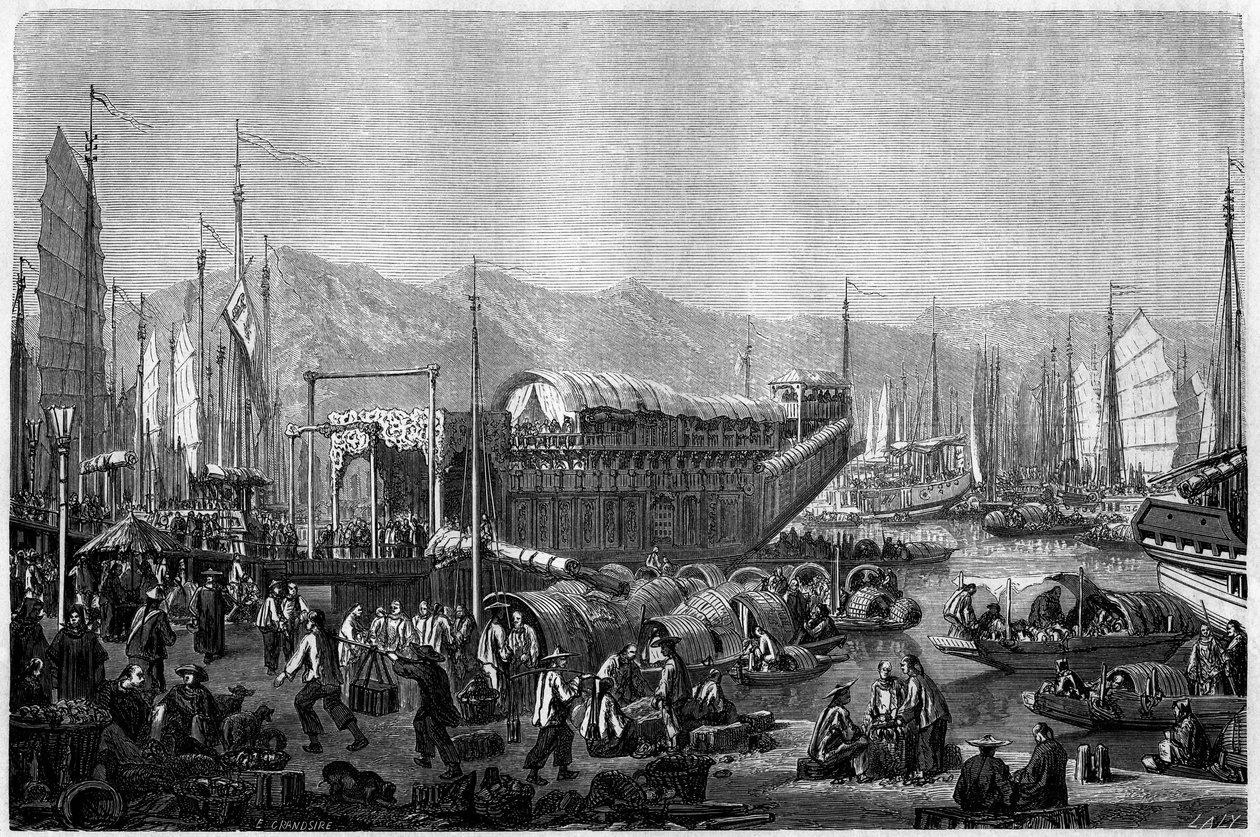 Boat des Fleurs, en restaurang och nöjesställe i hamnen i Shanghai 1860, Kina. Gravyr av Grandsire, i "" Le Tour du Monde, Nouveau journal des Voyages", redigerad av Edouard Charton, Paris av Pierre Eugene Grandsire